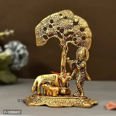 Brass Metal Cow Calf and Lord Krishna Under Tree Idol Showpiece Sculpture , Medium , Golden, (Gold, 12.5X8X16Cm):Krishna Tree 204-thumb0