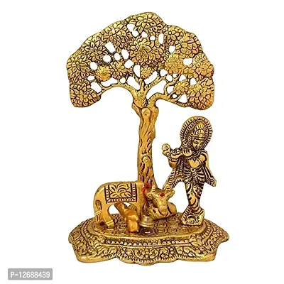 Metal Krishna with Cow Standing Under Tree Plying Flute Decorative Showpiece Golden Oxidized Gift Item, (Gold, 12.5X8X16Cm):Krishna Tree 203-thumb0