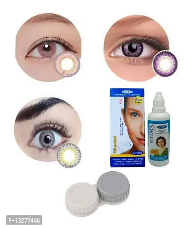 Pink-Violet-Dark Grey Colored (3 Pairs) Soft Contact Lens (0 Power) with Solution  Case