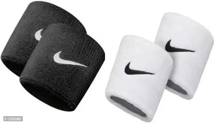 Sweatband/Wrist Band/Wrist Support For Gym, Sports Made Cotton Fitness Band (Pack of 4) - Set of 2 Pairs (White+Black)-thumb0