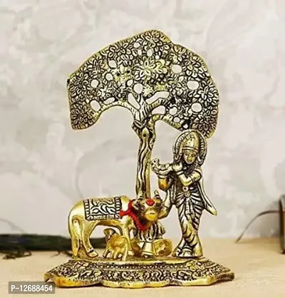 Brass Lord Krishna with Cow Standing Under Bargadh Tree Decorative Showpiece - 17 cm&nbsp;&nbsp;(Brass, Gold):Krishna Tree 224-thumb0