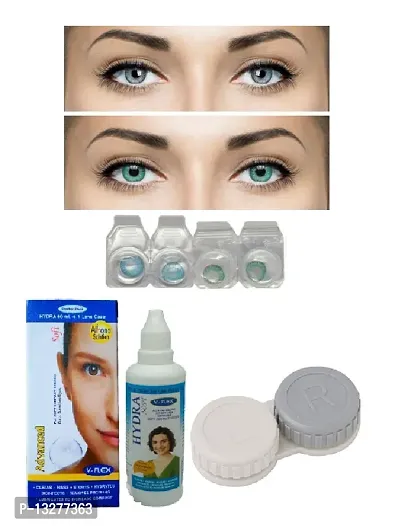 Green Turquoise-Blue Colored (2 Pairs) Soft Contact Lens (0 Power) with Solution  Case