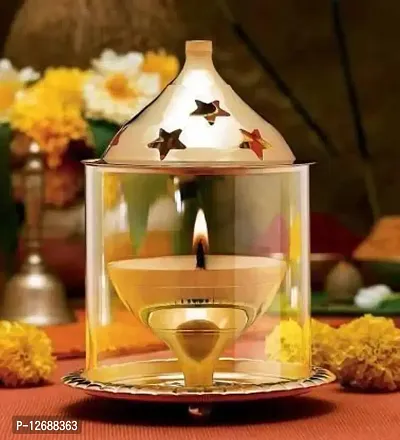 Akhand Diya Decorative  Brass   Glass Oil Lamp Tea Light Holder Lantern, Cylinderical Shaped 6 inch Diya Lantern (Gold and White) Brass Table Diya&nbsp;&nbsp;(Height: 5 inch)_Glass Diya 225-thumb0