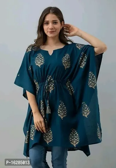 A-Line Blue Printed Rayon Kurta-thumb0