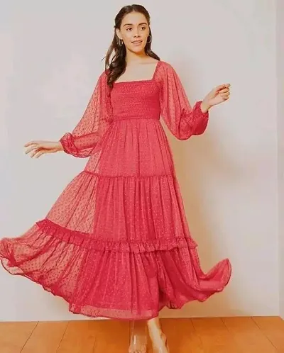 Womens Maxi Length Smocked Chiffon Dress