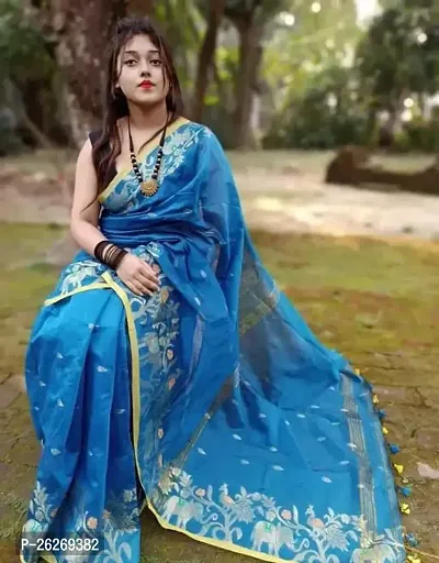 Designer Blue Cotton Saree With Blouse Piece For Women