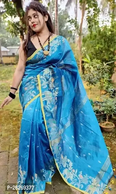 Designer Blue Cotton Saree With Blouse Piece For Women-thumb0