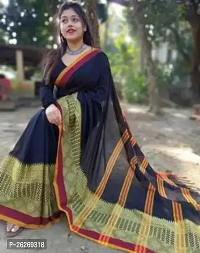 Designer Black Cotton Saree With Blouse Piece For Women-thumb0