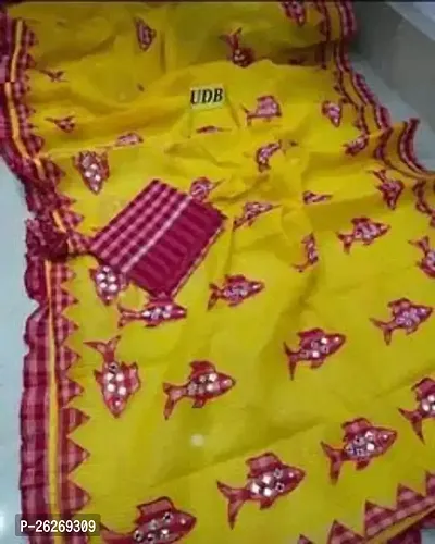 Designer Yellow Cotton Silk Saree With Blouse Piece For Women