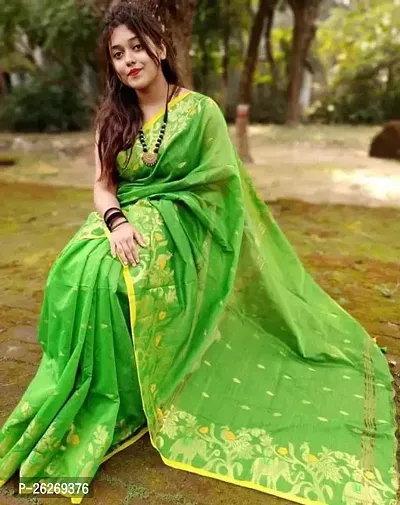 Designer Green Cotton Saree With Blouse Piece For Women