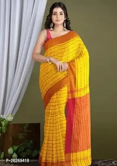 Designer Yellow Cotton Saree With Blouse Piece For Women-thumb0