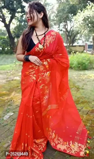 Designer Red Cotton Saree With Blouse Piece For Women-thumb0