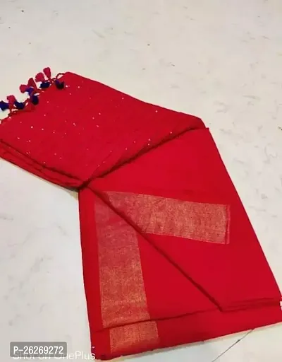 Designer Red Khadi Cotton Saree With Blouse Piece For Women-thumb0