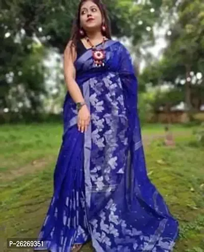 Designer Blue Cotton Saree With Blouse Piece For Women-thumb0