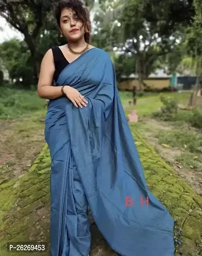 Designer Blue Cotton Silk Saree With Blouse Piece For Women