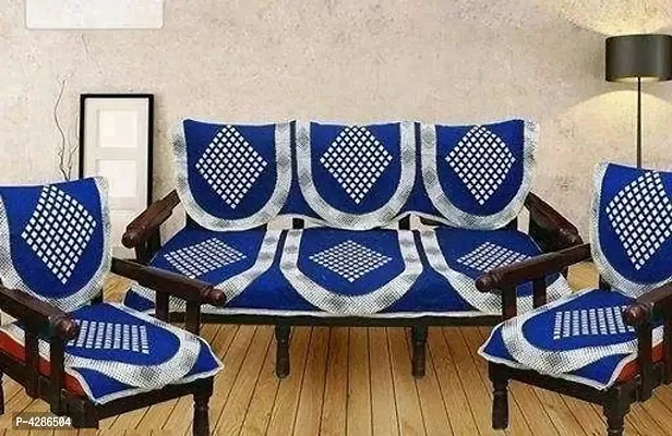 Premium Blue Cotton Acrylic Printed 5 Seater Sofa Cover Set-thumb0