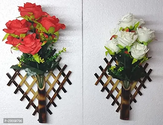 Hanging Eco-Friendly Handmade Wooden vase with Artificial Flower Rose Bunch, Wall Decor, Floral Bunch with Pot