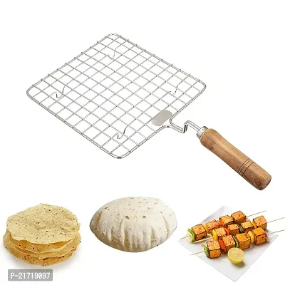 LSARI Steel Size 17 cm Square Papad Roaster Chapati Roti Jali Barbeque Grill with Wooden Handle (1 Pc)-thumb0