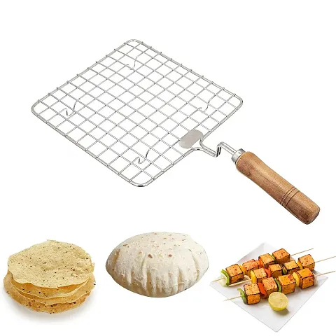 LSARI Steel Size 17 cm Square Papad Roaster Chapati Roti Jali Barbeque Grill with Wooden Handle (1 Pc)