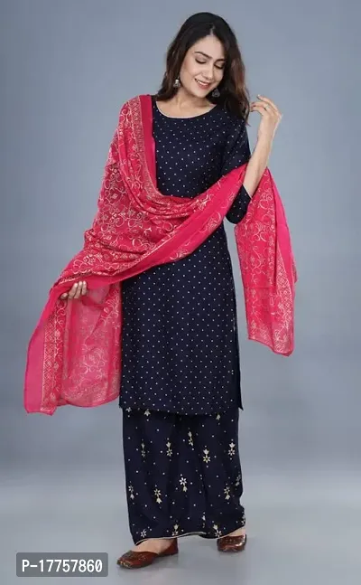 Rayon Blue?Gold Printed Polka Dotted Kurti with Gold Printed Plazo and Pink Gold Printed Dupatta-thumb3