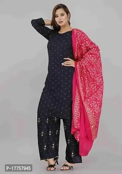 Rayon Black?Gold Printed Polka Dotted Kurti with Gold Printed Plazo and Pink Gold Printed Dupatta-thumb2