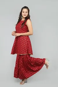 Rayon Butterfly Print Sleeveless Anarkali Kurti with Sharara and Dupatta in Red Colour Set for Girls  Women-thumb2