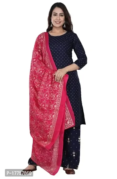 Rayon Blue?Gold Printed Polka Dotted Kurti with Gold Printed Plazo and Pink Gold Printed Dupatta-thumb0