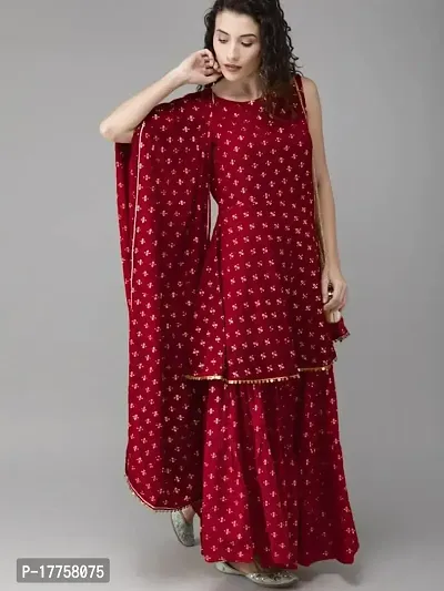 Rayon Butterfly Print Sleeveless Anarkali Kurti with Sharara and Dupatta in Wine Colour Set for Girls  Women-thumb4