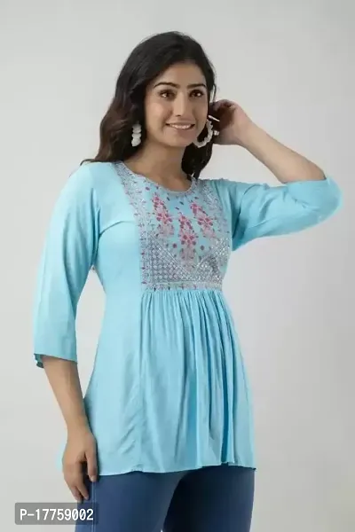 ASHISH'S PRINTSZ Women's Embroidered Rayon Casual Kurti Top (Large, Light Blue)-thumb3