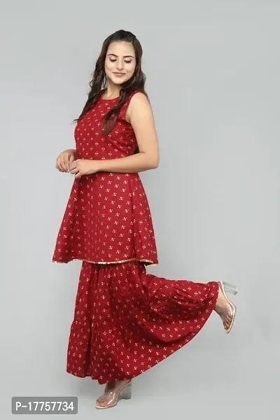 Rayon Butterfly Print Sleeveless Anarkali Kurti with Sharara and Dupatta in Red Colour Set for Girls  Women-thumb3