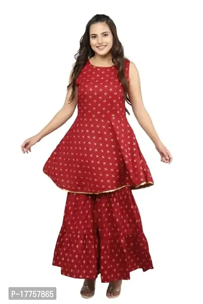 Rayon Butterfly Print Sleeveless Anarkali Kurti with Sharara and Dupatta in Red Colour Set for Girls  Women-thumb0