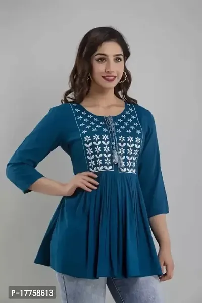 ASHISH'S PRINTSZ Women's Embroidered Rayon Casual Kurti Top (Medium, Blue)-thumb3