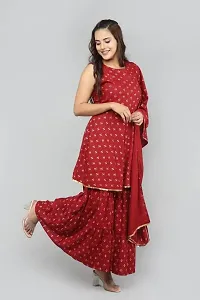 Rayon Butterfly Print Sleeveless Anarkali Kurti with Sharara and Dupatta in Red Colour Set for Girls  Women-thumb3