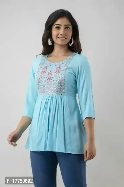 ASHISH'S PRINTSZ Women's Embroidered Rayon Casual Kurti Top (Large, Light Blue)-thumb4