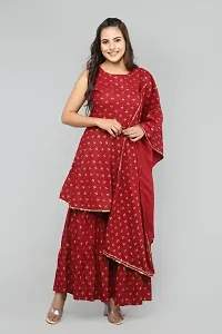 Rayon Butterfly Print Sleeveless Anarkali Kurti with Sharara and Dupatta in Red Colour Set for Girls  Women-thumb1