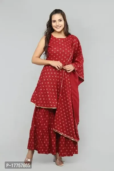 Rayon Butterfly Print Sleeveless Anarkali Kurti with Sharara and Dupatta in Red Colour Set for Girls  Women-thumb2