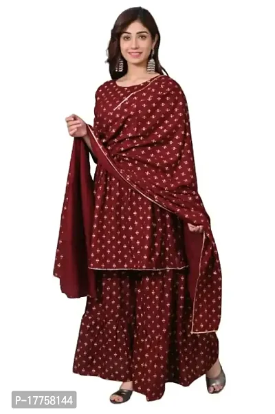 Rayon Butterfly Print Sleeveless Anarkali Kurti with Sharara and Dupatta in Wine Colour Set for Girls  Women-thumb0