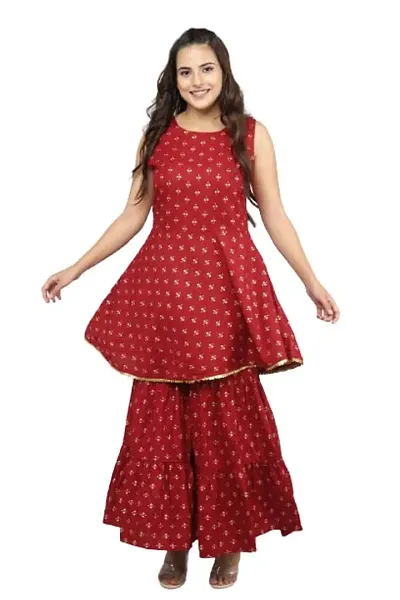 Rayon Butterfly Print Sleeveless Anarkali Kurti with Sharara and Dupatta in Colour Set for Girls Women