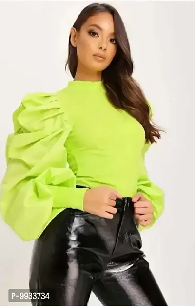 Casual Puff Sleeves Solid Women Neon Top