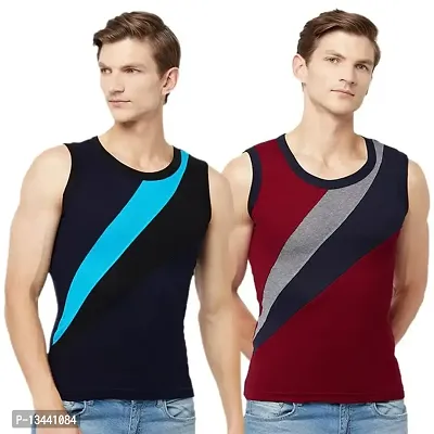 T.T. Men Designer Gym Vest Pack of 2 Navy-Sky::Maroon-Navy