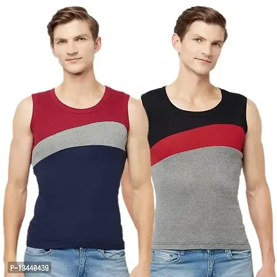 T.T. Men Designer Gym Vest Pack of 2 Red-Black::Navy-Grey