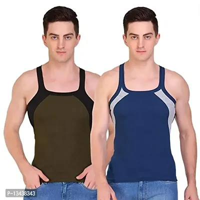 T.T. Men Designer Gym Vest Pack of 2 Blue-Grey::Olive-Black