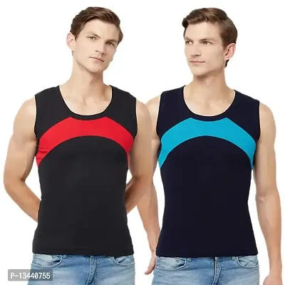 T.T. Men Designer Gym Vest Pack of 2 Black-Red::Navy-Sky