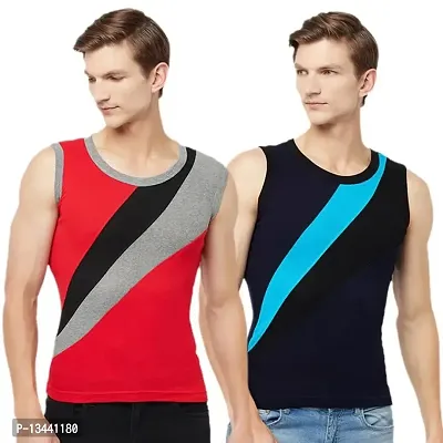 T.T. Men Designer Gym Vest Pack of 2 Red-Black::Navy-Sky