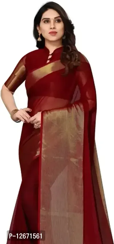 Stylish Fancy Cotton Blend Saree With Blouse Piece For Women-thumb0