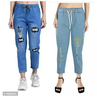 Stylish Blue Denim Printed Jeans For Women Combo Of 2-thumb0