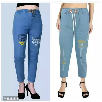 Stylish Blue Denim Printed Jeans For Women Combo Of 2-thumb0