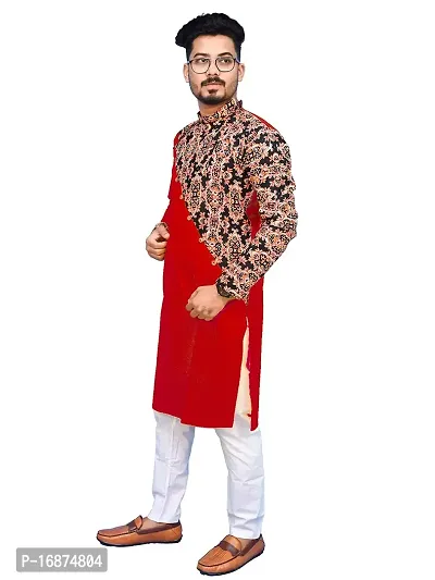 Rainbow Cloths Men's Pure Cotton Designer Fabric Kurta(Red,38)-thumb3