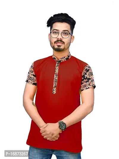 Rainbow Cloths Men's Pure Cotton Short Sleeve Short T-Shirt Kurta Sleeve Kurta(Red,38)-thumb0