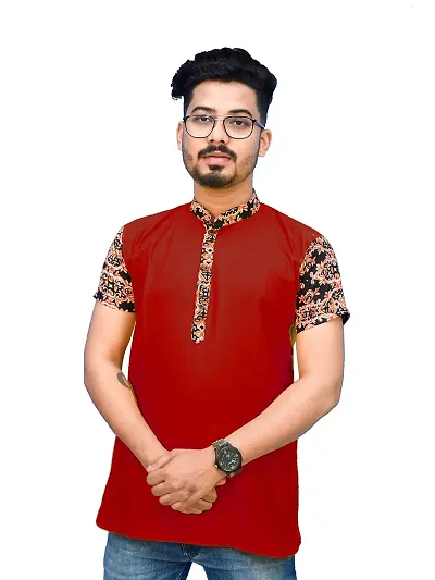 Rainbow Cloths Men's Pure Short Sleeve Short T-Shirt Kurta Sleeve Kurta(Red,38)